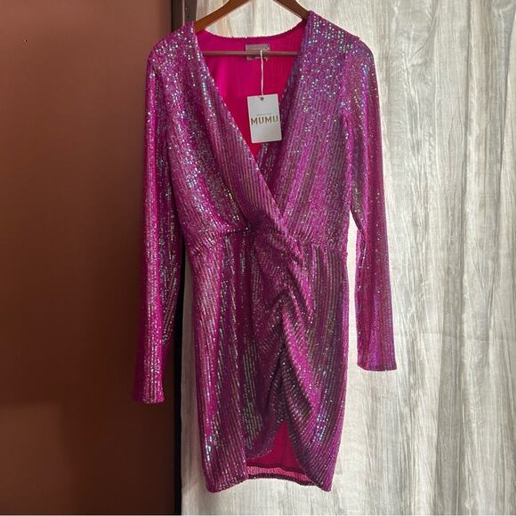 Show Me Your Mumu Party Hop Dress Mini V-Neck Sequins Barbie Hot Pink NWT Size L - Picture 1 of 5
